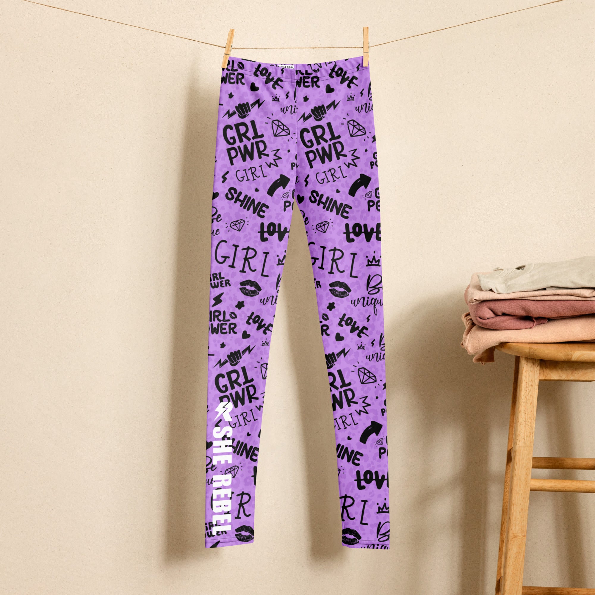 SHE REBEL - Purple Girl Power Youth Leggings with Shadow Leopard Print (Girls' Sizes 8 - 20)